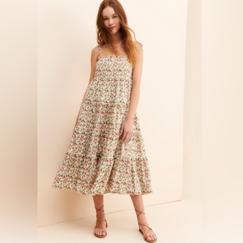 Meadows Organic Cotton Floral Tiered Midi Dress Tie Shoulder Cream Red US 0